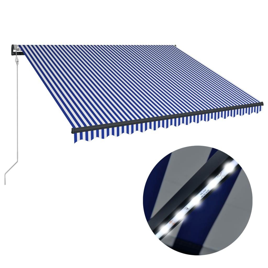 Markise med vindsensor og LED 350x250 cm blå og hvid