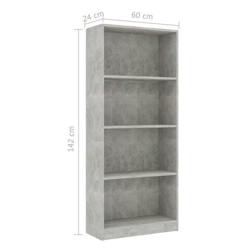 Bogreol med 4 hylder 60x24x142 cm konstrueret træ betongrå