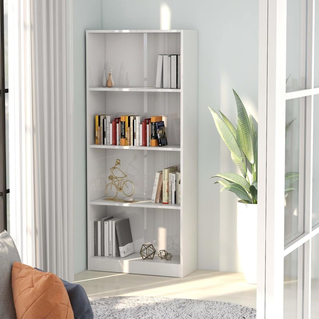 Bogreol med 4 hylder 60x24x142 cm konstrueret træ hvid højglans