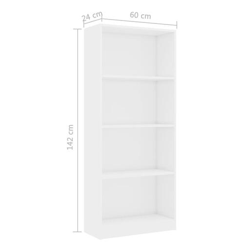 Bogreol med 4 hylder 60x24x142 cm konstrueret træ hvid højglans