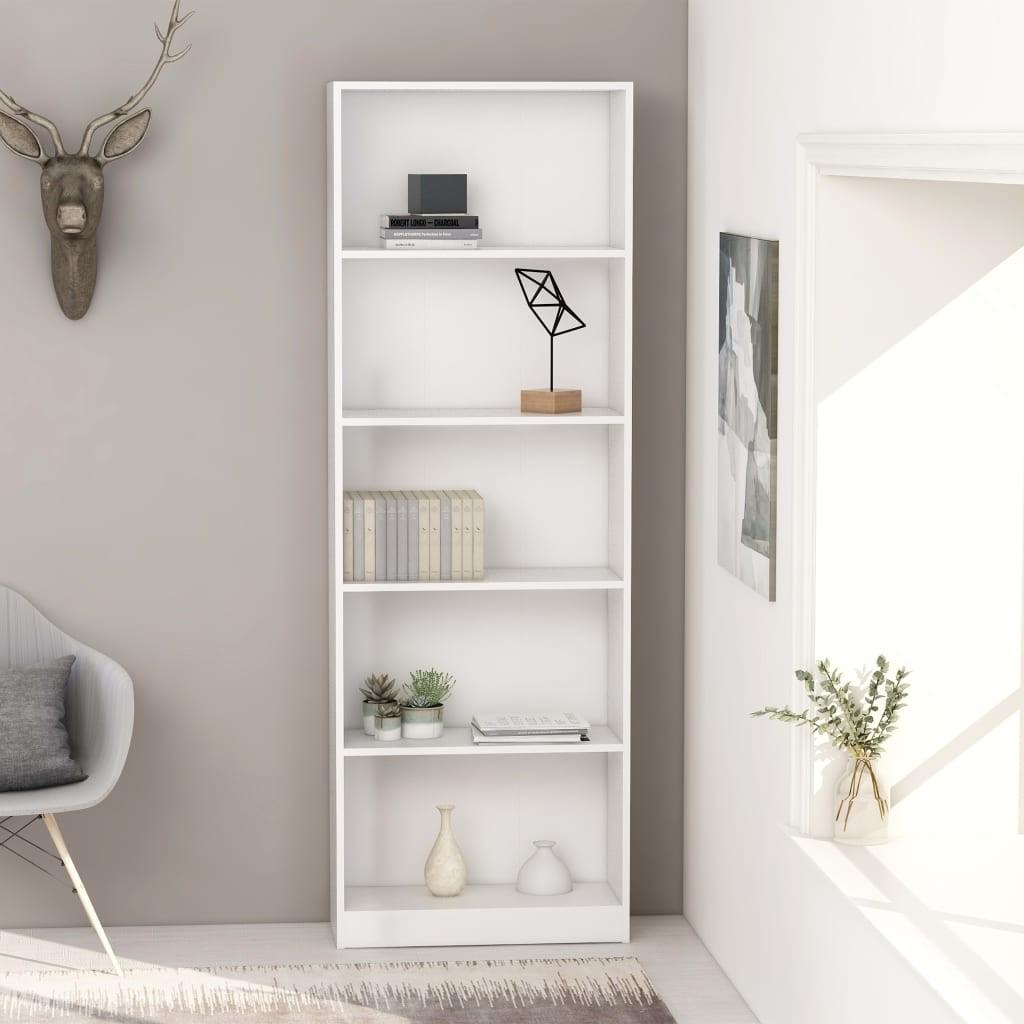 Bogreol med 5 hylder 60x24x175 cm konstrueret træ hvid