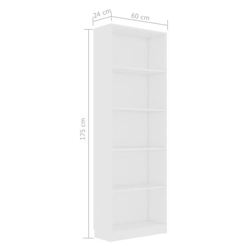 Bogreol med 5 hylder 60x24x175 cm konstrueret træ hvid