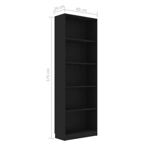 Bogreol med 5 hylder 60x24x175 cm konstrueret træ sort