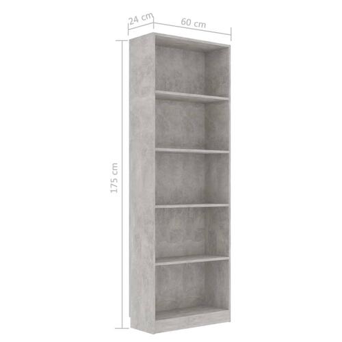 Bogreol 60x24x175 cm 5 hylder konstrueret træ betongrå