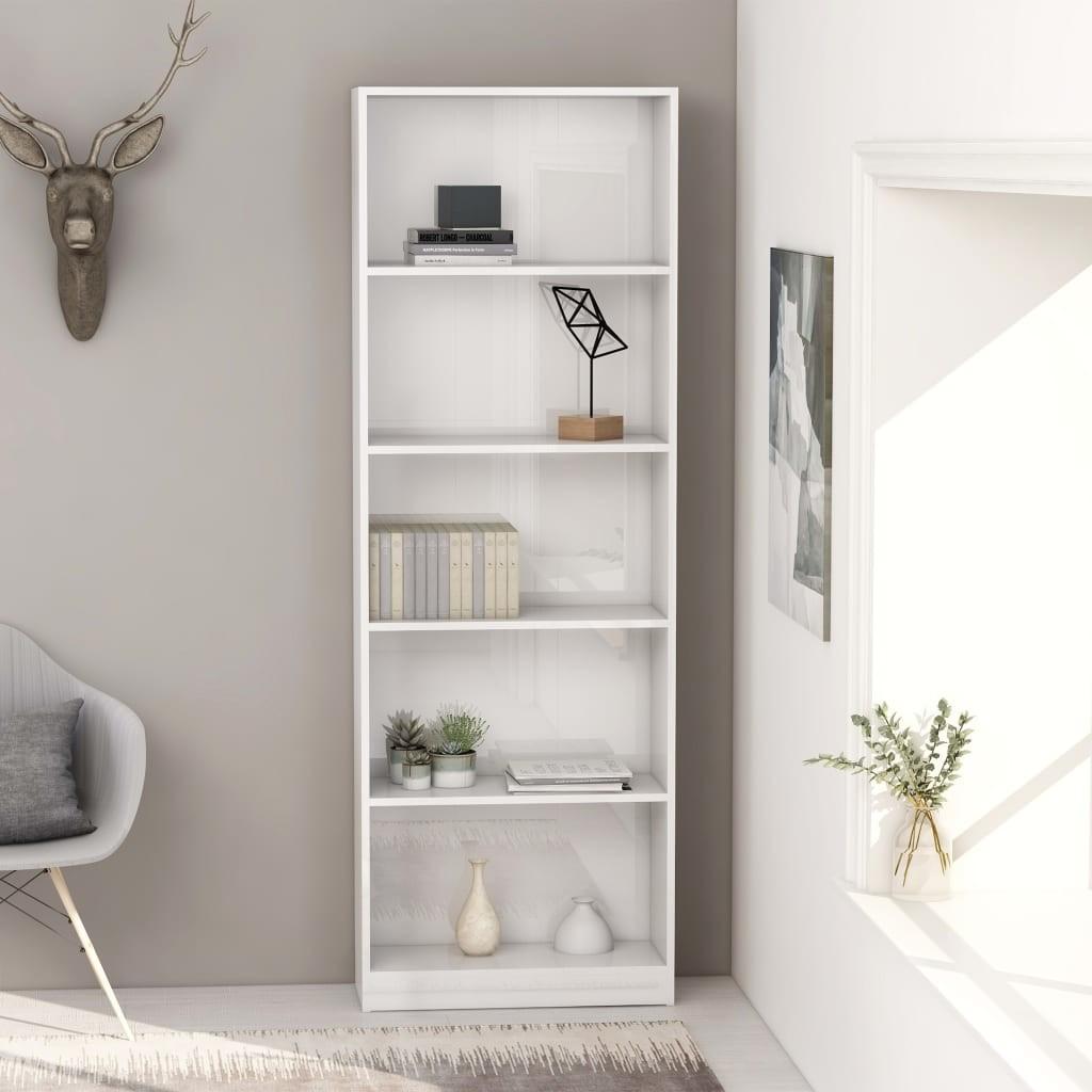 Bogreol 60x24x175 cm 5 hylder konstrueret træ hvid højglans