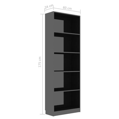 Bogreol med 5 hylder 60 x 24 x 175 cm spånplade sort højglans