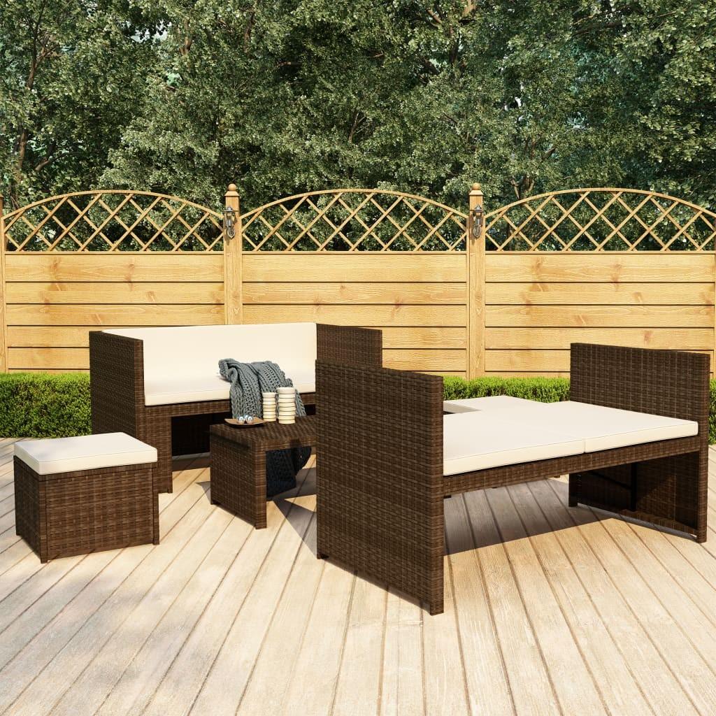 Haveloungesæt 5 dele med hynder polyrattan brun