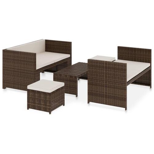 Haveloungesæt 5 dele med hynder polyrattan brun