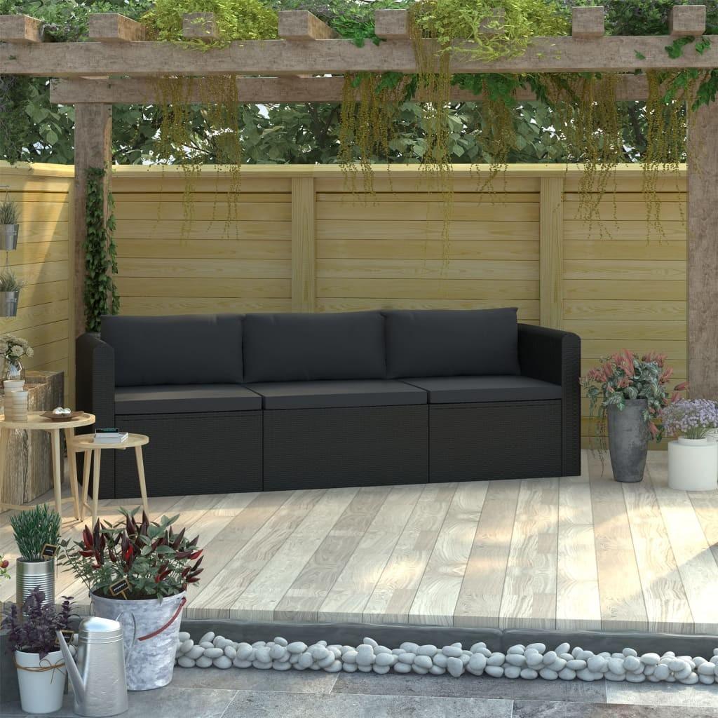 Havesofasæt 3 dele med hynder polyrattan sort