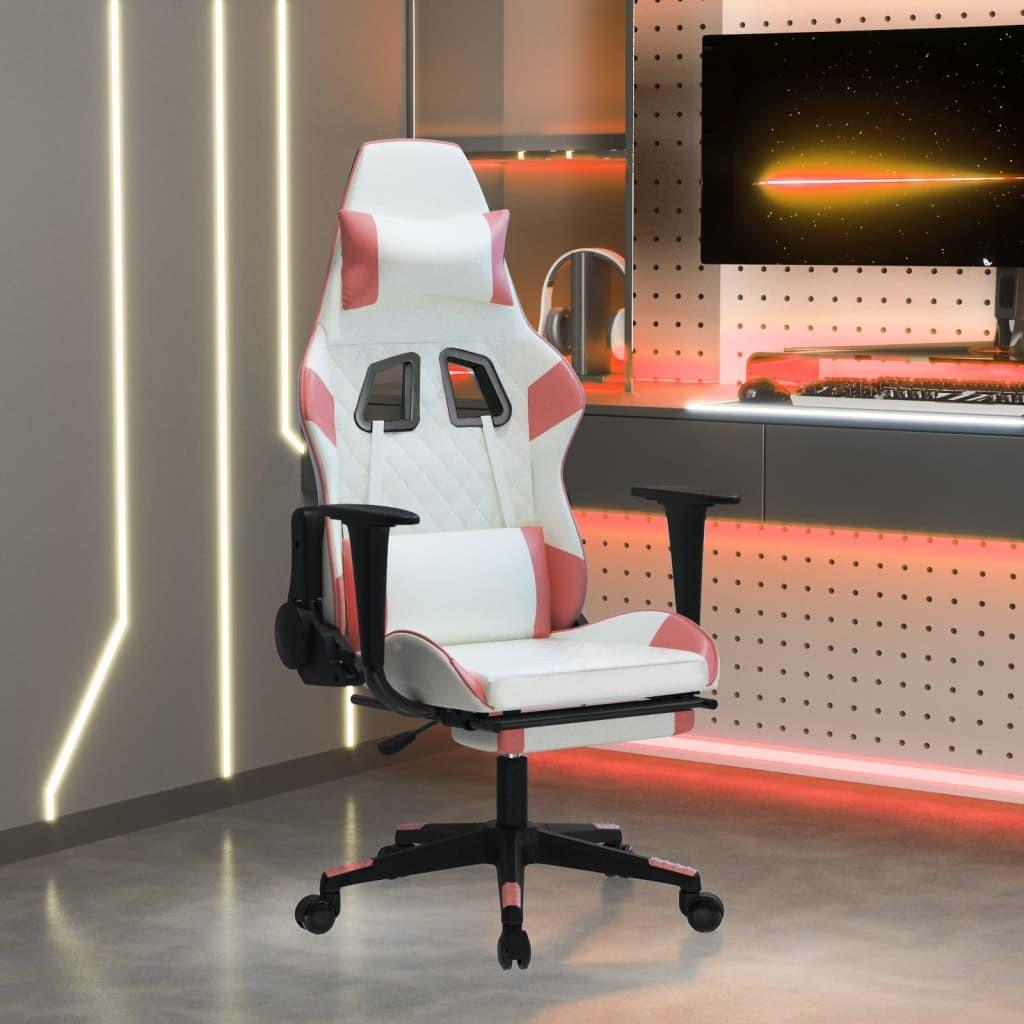 Gamingstol m. massage og fodstøtte kunstlæder hvid og lyserød