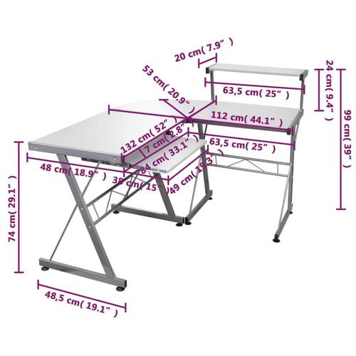 Computerbord til hjørne 132x112x99 cm konstrueret træ hvid