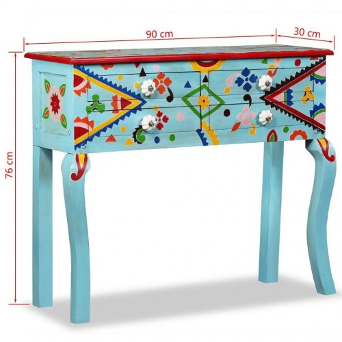 Konsolbord i massivt mangotræ - blå håndmalet, 90 × 30 × 76 cm