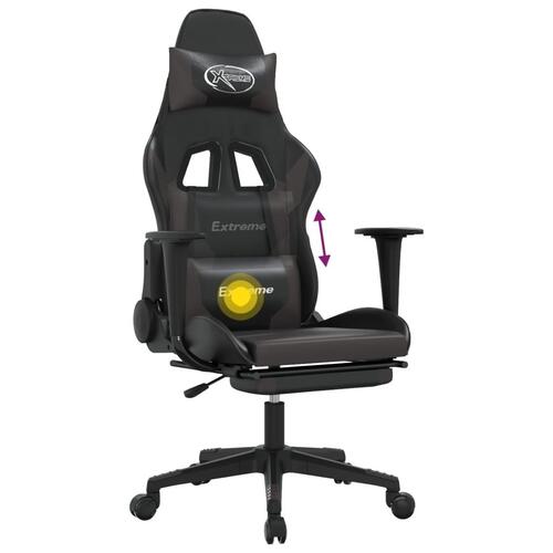 Gamingstol m. massagefunktion og fodstøtte kunstlæder sort grå