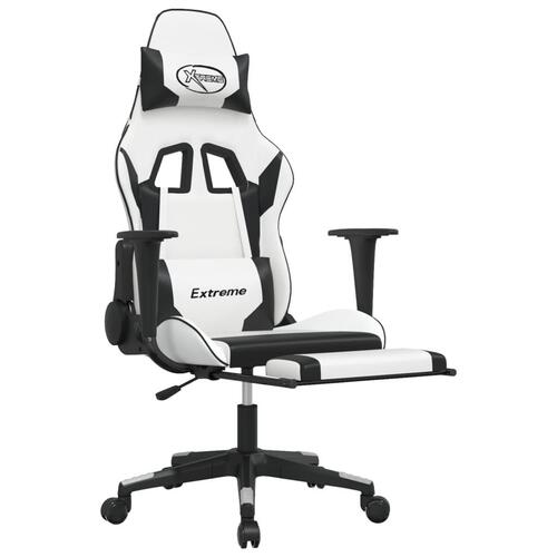Gamingstol m. massage og fodstøtte kunstlæder hvid sort