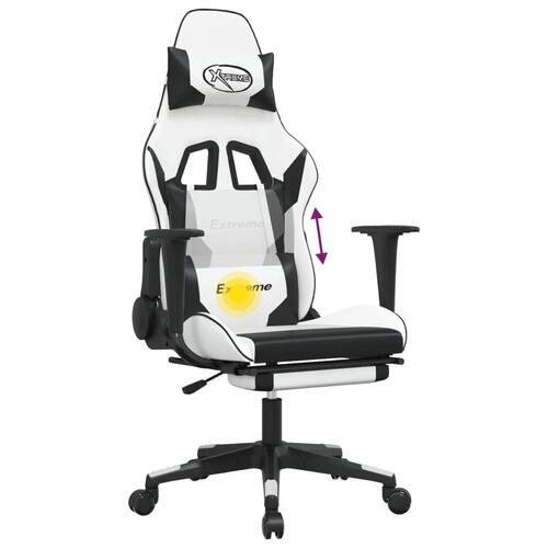 Gamingstol m. massage og fodstøtte kunstlæder hvid sort