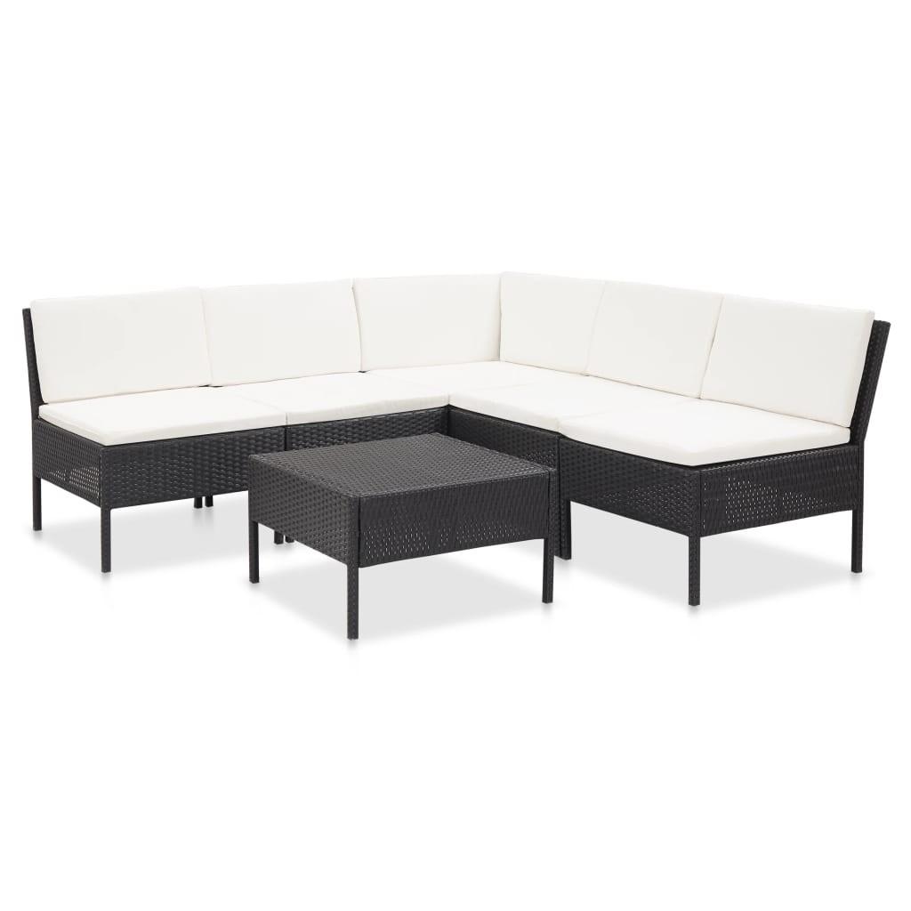 Haveloungesæt 6 dele med hynder polyrattan sort