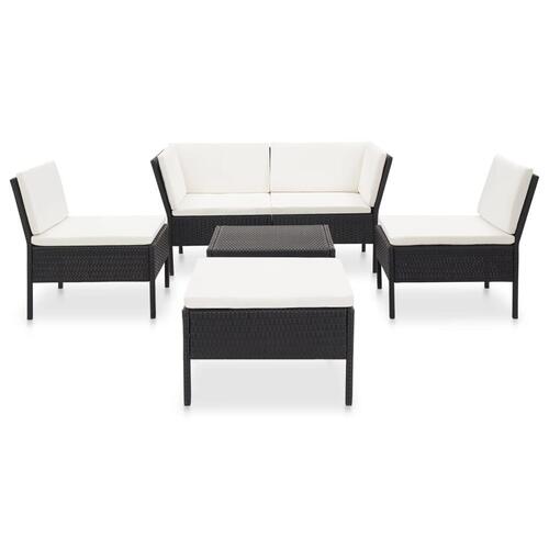 Haveloungesæt 6 dele med hynder polyrattan sort