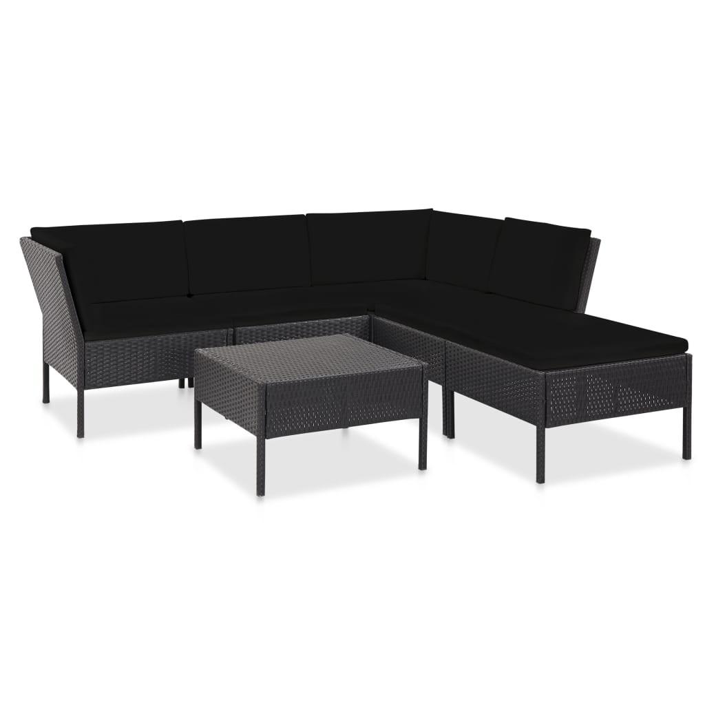 Haveloungesæt 6 dele med hynder polyrattan sort