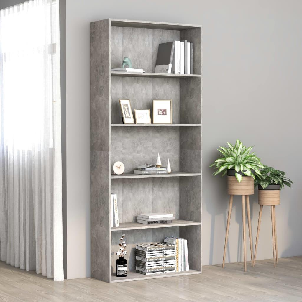 Bogreol med 5 hylder 80x30x189 cm konstrueret træ betongrå