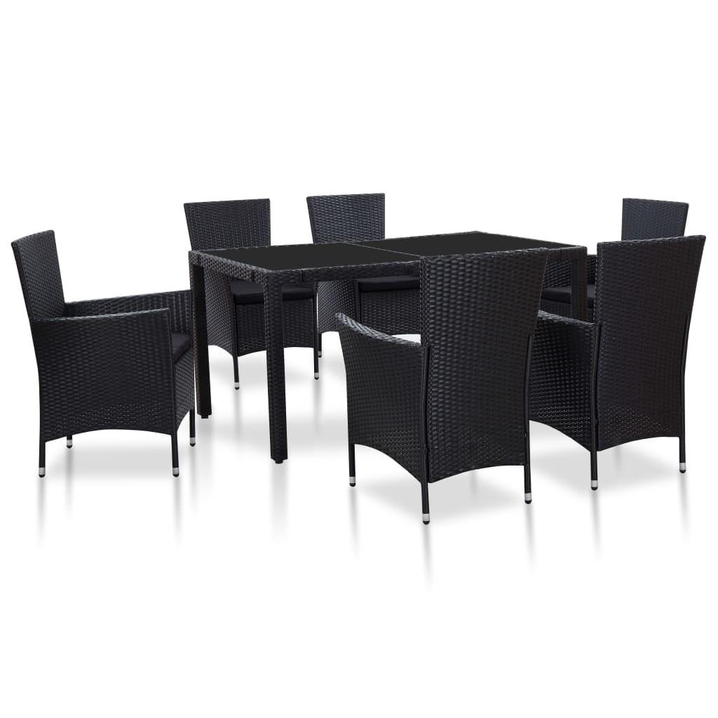 Udendørs spisebordssæt 7 dele polyrattan sort