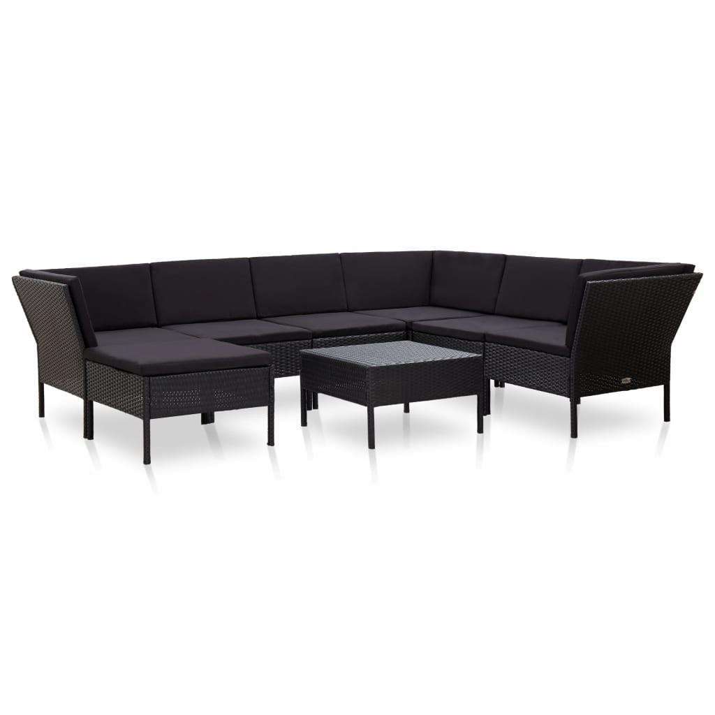 Haveloungesæt 8 dele med hynder polyrattan sort