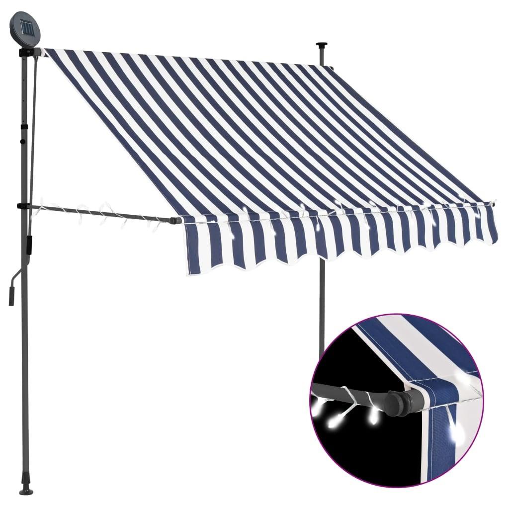 Markise m. LED-lys manuel betjening 100 cm blå og hvid