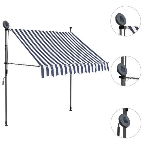 Markise m. LED-lys manuel betjening 100 cm blå og hvid