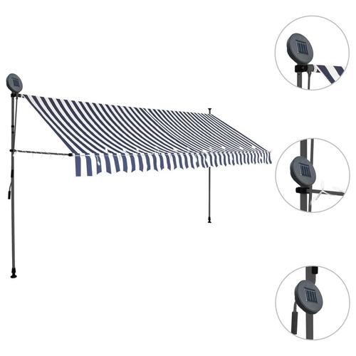 Markise m. LED-lys manuel betjening 400 cm blå og hvid