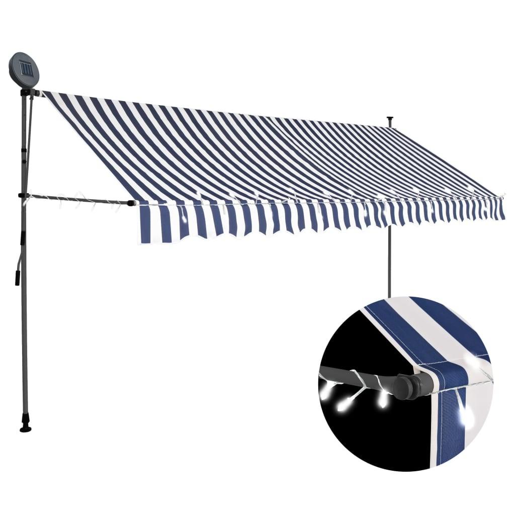 Markise m. LED-lys manuel betjening 350 cm blå og hvid