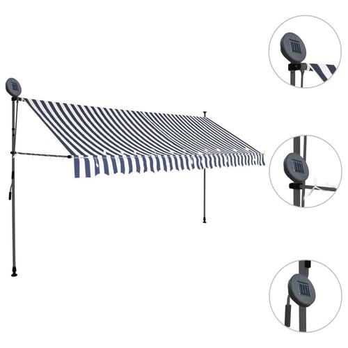 Markise m. LED-lys manuel betjening 350 cm blå og hvid