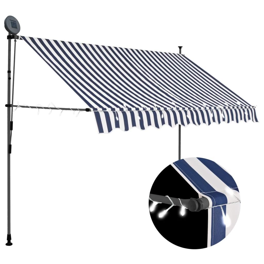 Markise m. LED-lys manuel betjening 300 cm blå og hvid