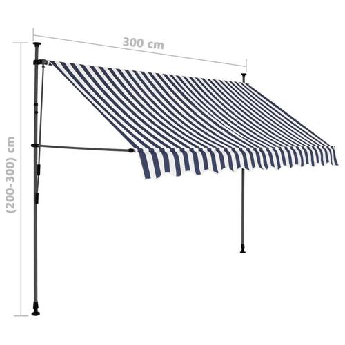 Markise m. LED-lys manuel betjening 300 cm blå og hvid