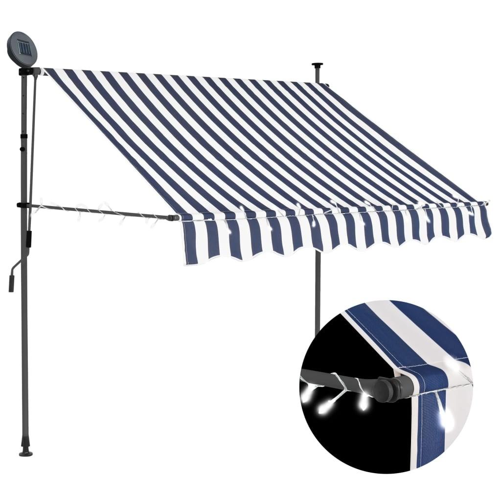 Markise m. LED-lys manuel betjening 150 cm blå og hvid