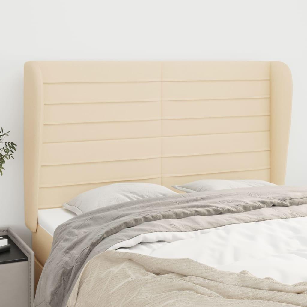 Sengegavl med kanter 147x23x118/128 cm stof cremefarvet billede