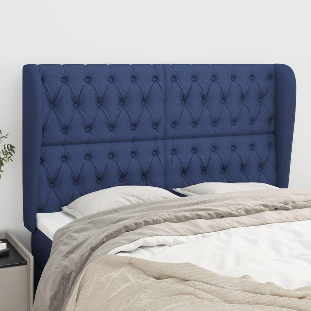 Sengegavl med kanter 163x23x118/128 cm stof blå billede