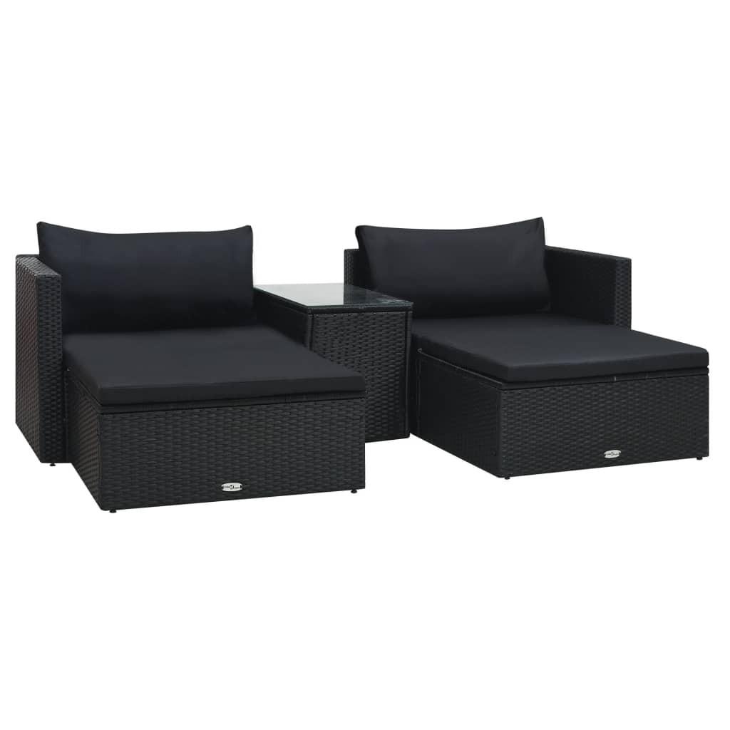 Haveloungesæt 5 dele med hynder polyrattan sort