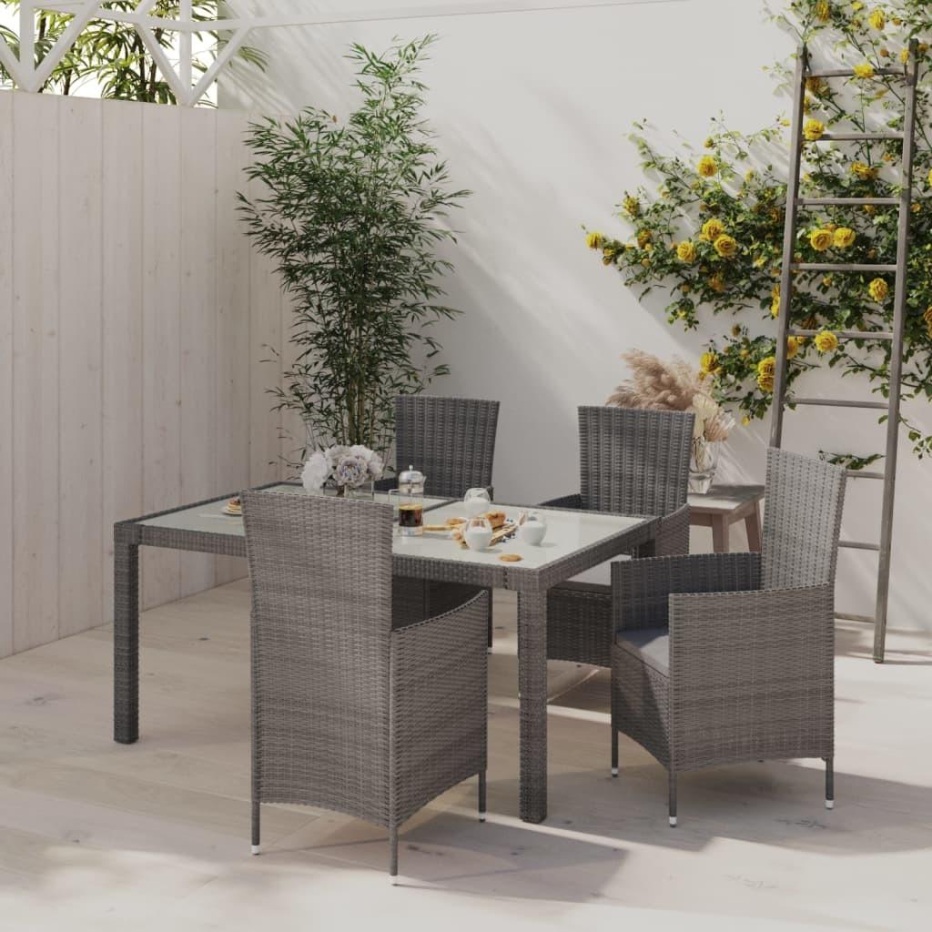 Udendørs spisebordssæt 5 dele med hynder polyrattan grå