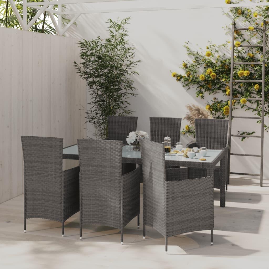 Udendørs spisebordssæt 7 dele med hynder polyrattan grå