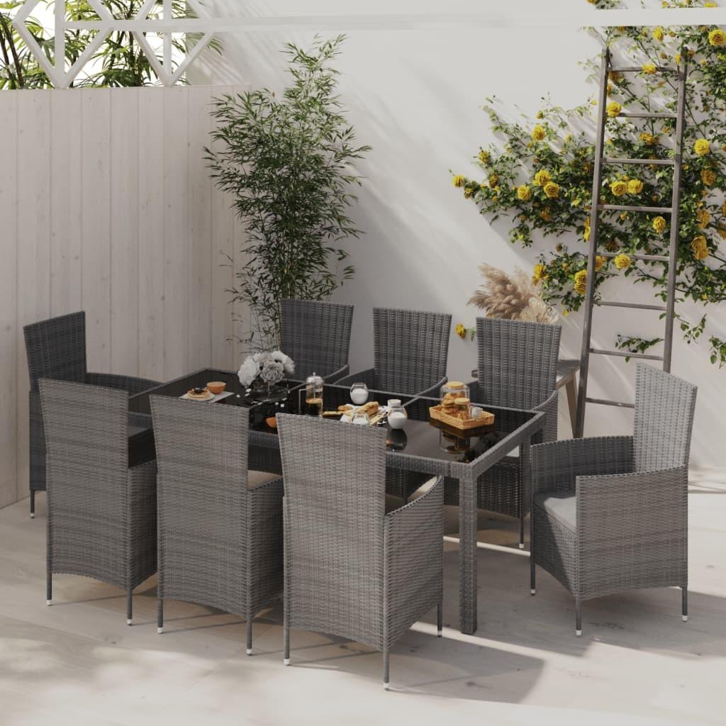 Udendørs spisebordssæt 9 dele med hynder polyrattan grå billede