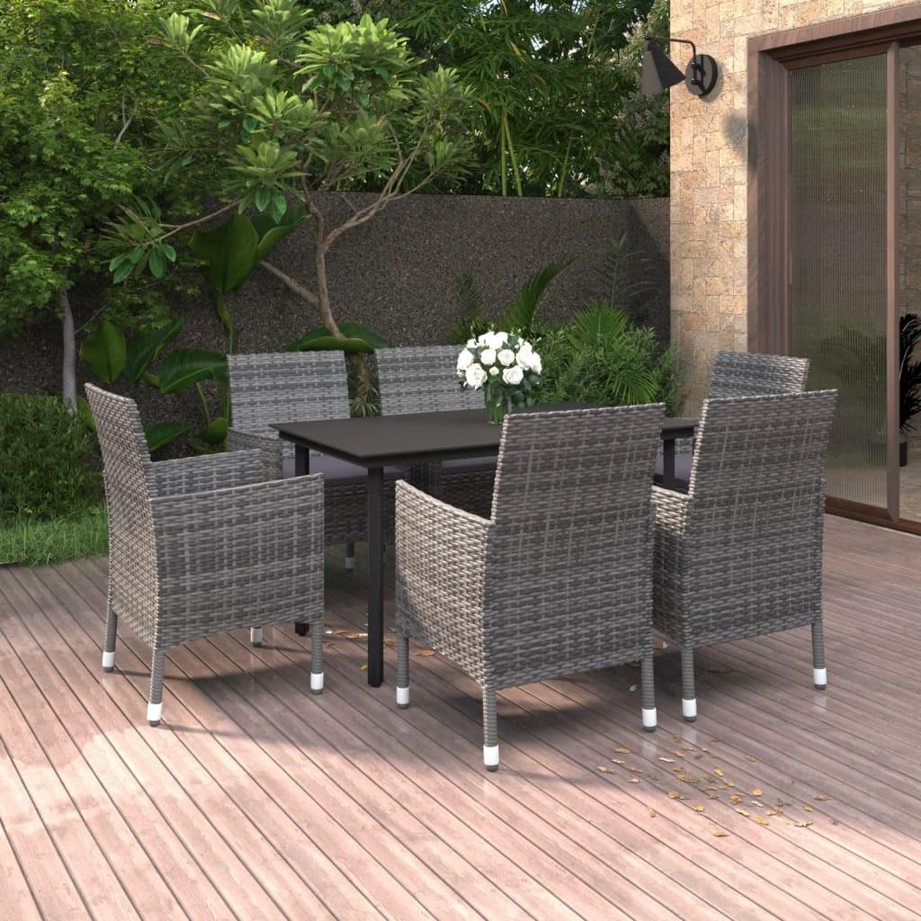 Spisebordssæt til haven 7 dele med hynder polyrattan og glas
