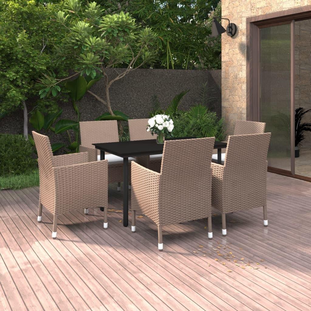 Spisebordssæt til haven 7 dele med hynder polyrattan og glas