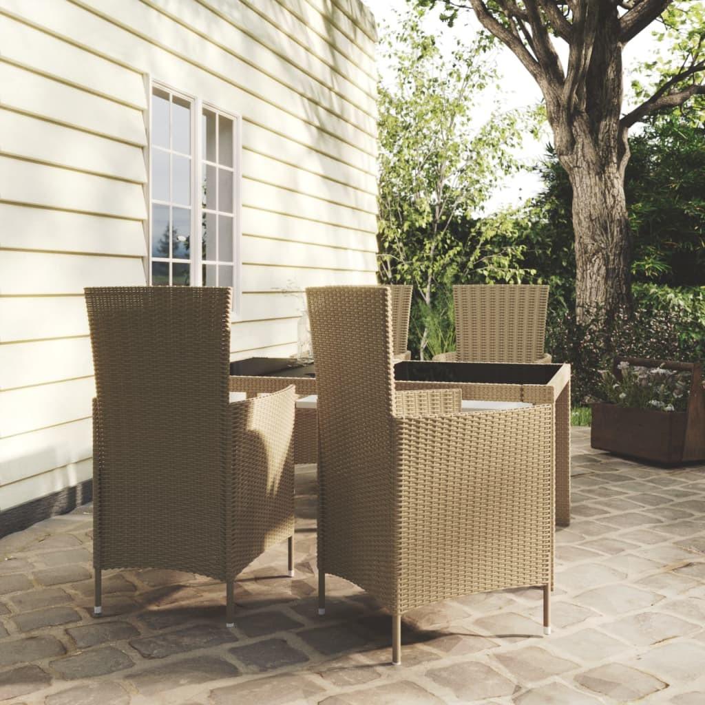 Udendørs spisebordssæt 5 dele med hynder polyrattan beige