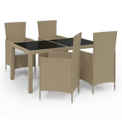 Udendørs spisebordssæt 5 dele med hynder polyrattan beige