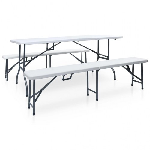 Foldbart havebord med 2 bænke 180 cm - stål og HDPE, hvid