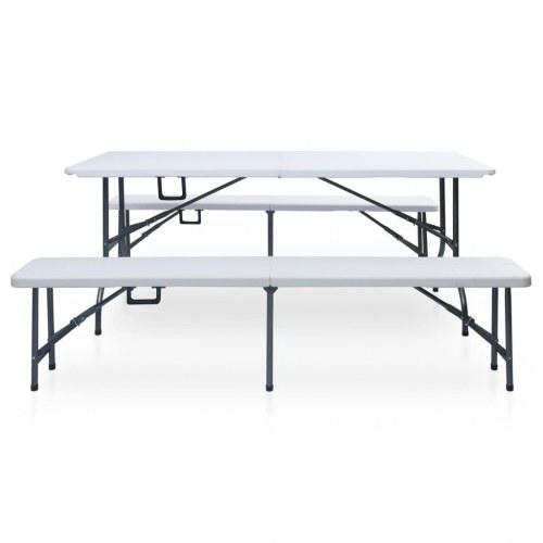 Foldbart havebord med 2 bænke 180 cm - stål og HDPE, hvid