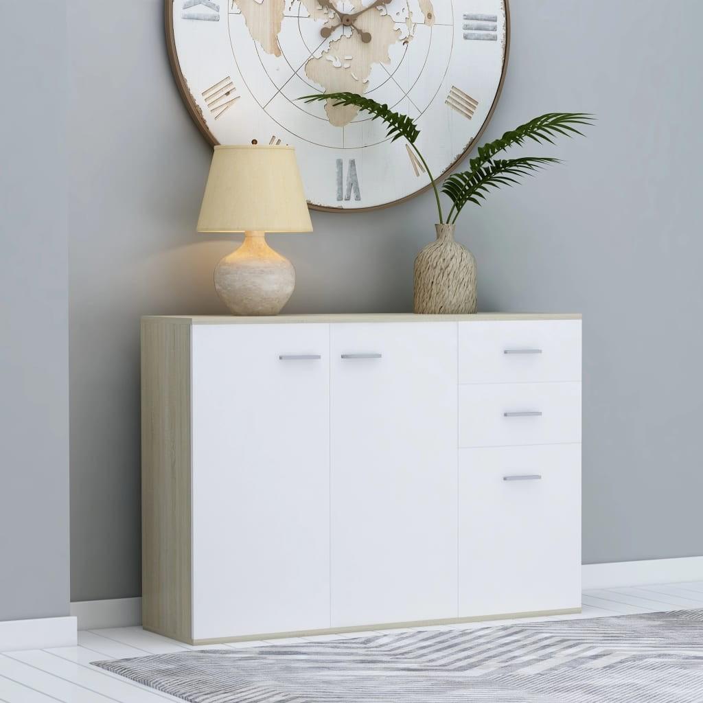 Skænk 105x30x75 cm spånplade hvid og sonoma-eg