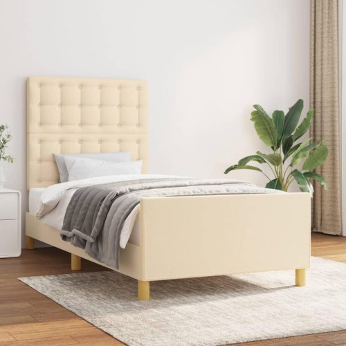Sengeramme med sengegavl 90x190 cm - stof, cremefarvet