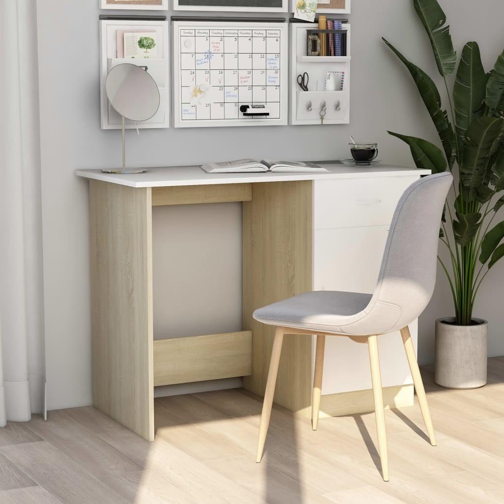 Skrivebord 100x50x76 cm konstrueret træ hvid og sonoma-eg