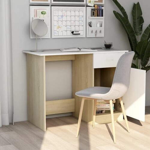 Skrivebord 100x50x76 cm konstrueret træ hvid og sonoma-eg