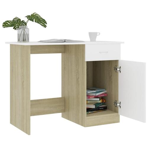 Skrivebord 100x50x76 cm konstrueret træ hvid og sonoma-eg